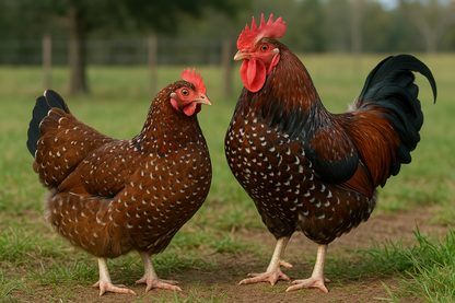 Speckled Sussex Hen & Rooster - AI-generated placeholder image